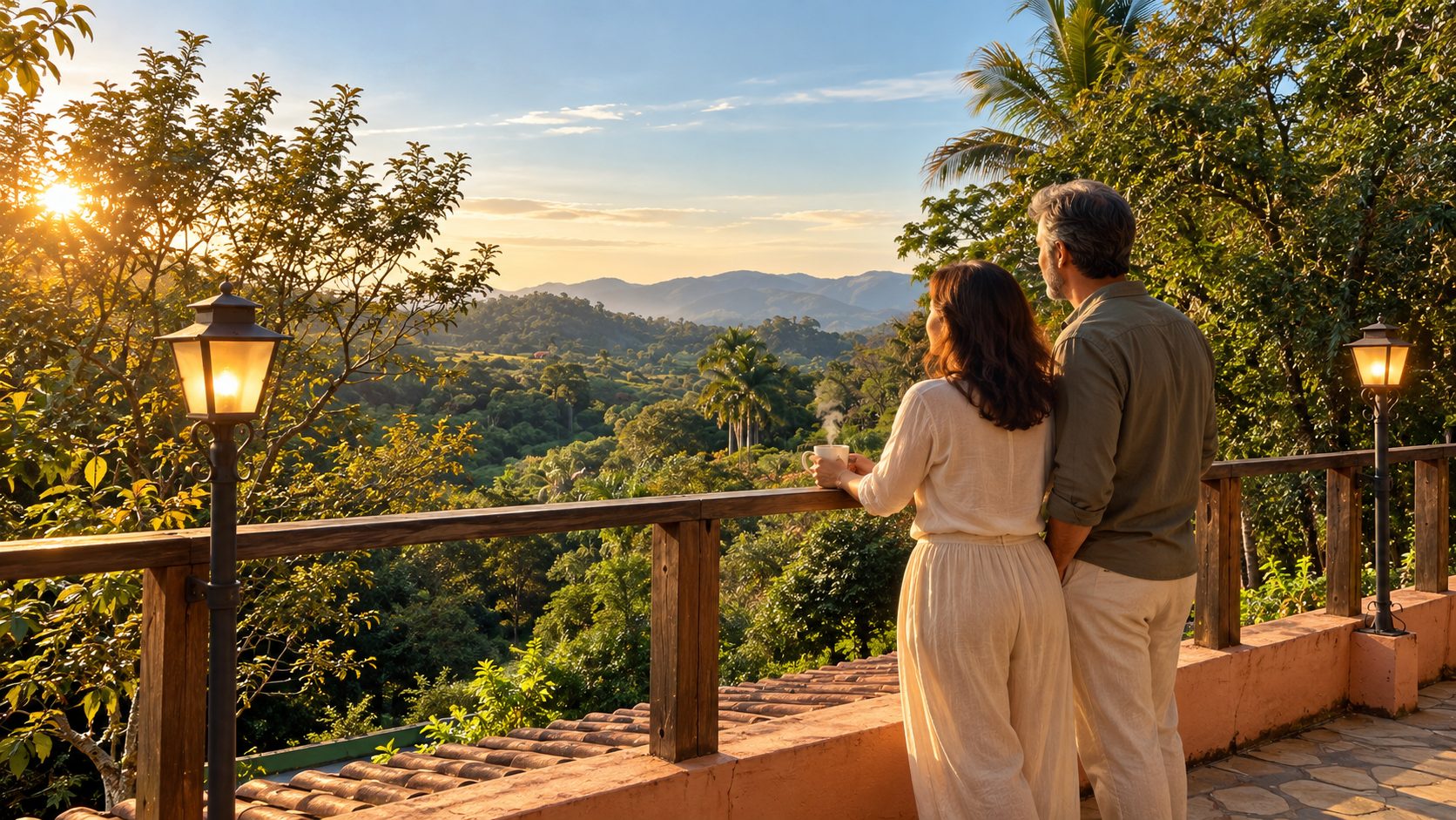 Casal contemplando a natureza, o momento de desacelerar antes da consulta de psicoaromaterapia