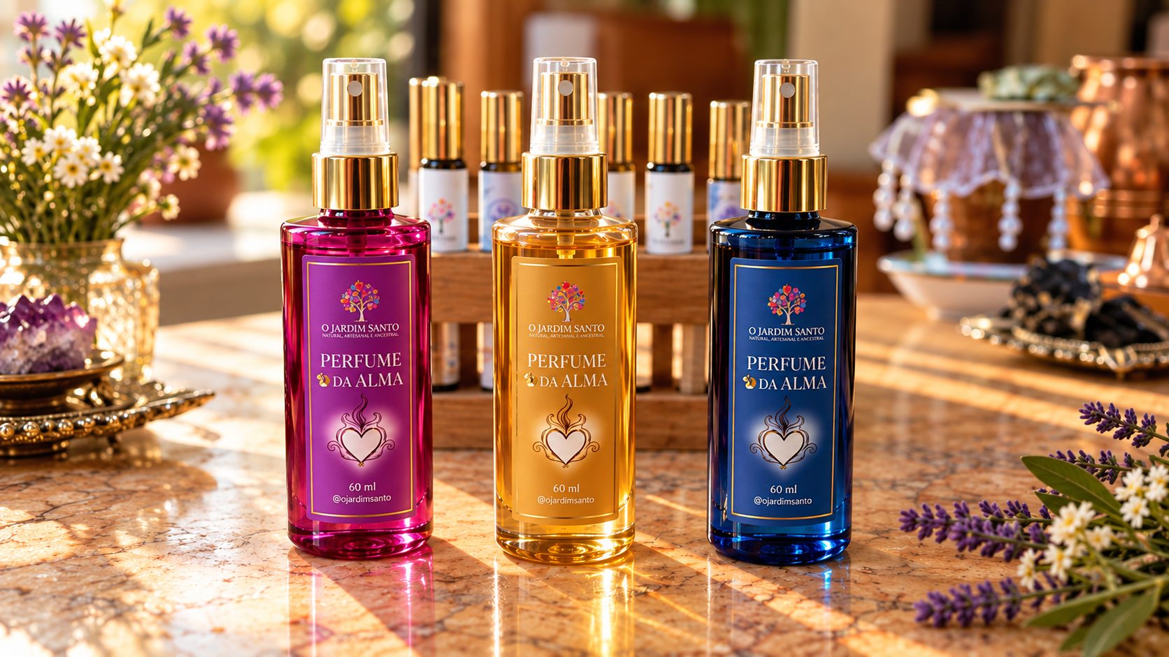 Frasco de O Perfume da Alma sobre a mesa, perfume personalizado com óleos essenciais puros
